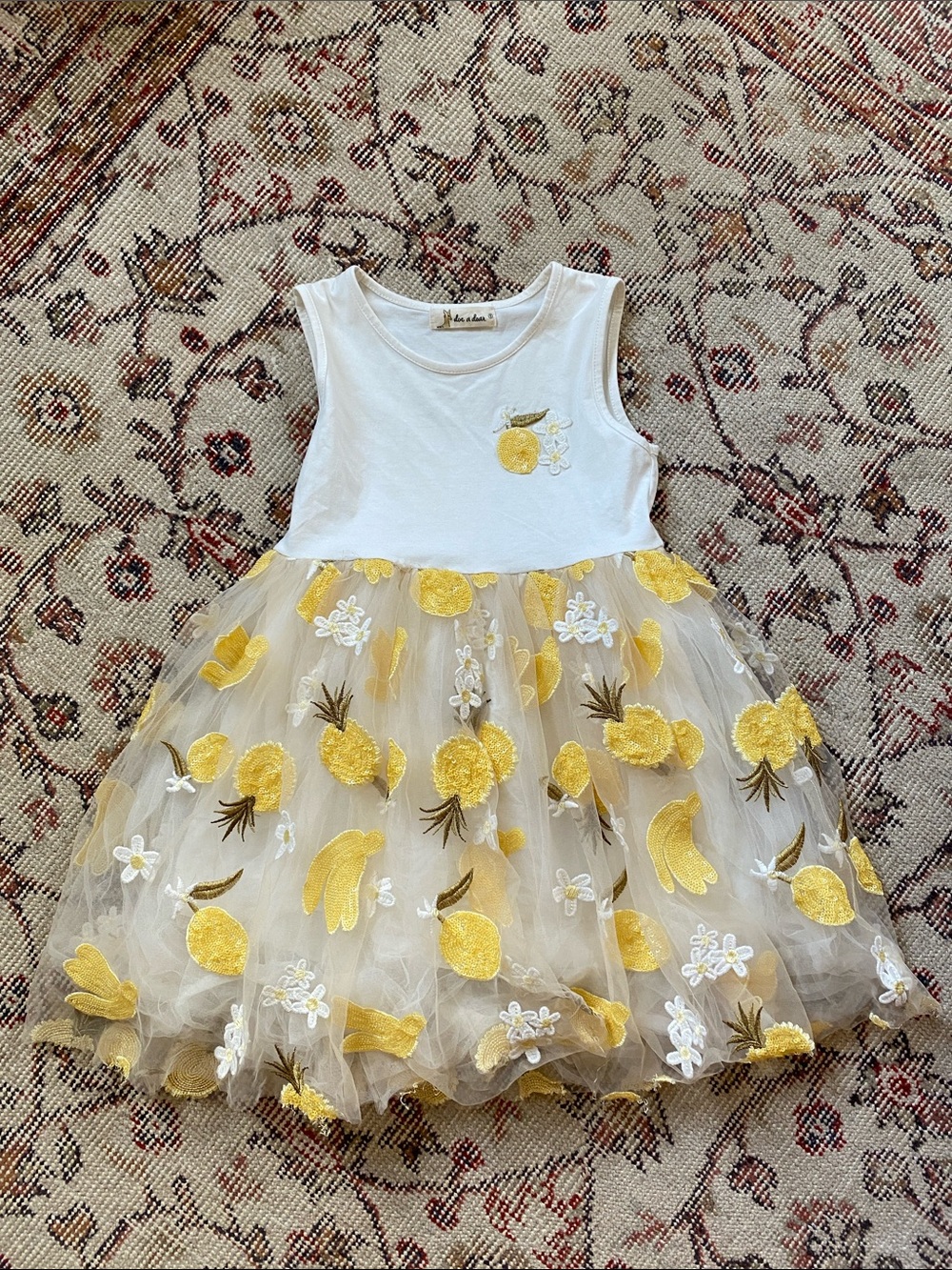 Girls White & Yellow Lemon Tulle Party Dress